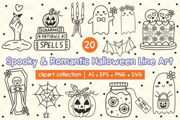 Spooky Romantic Halloween Outline SVG: Charming Graphics for Illustrations