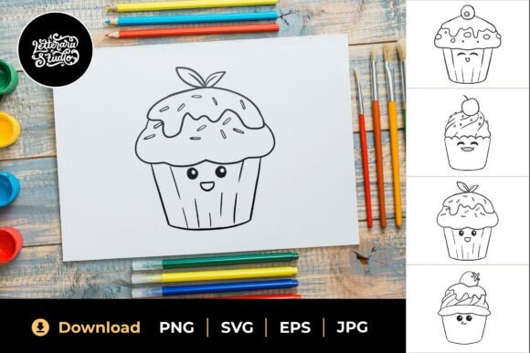 Sweet Kawaii Cupcake Line Art for Embroidery Projects